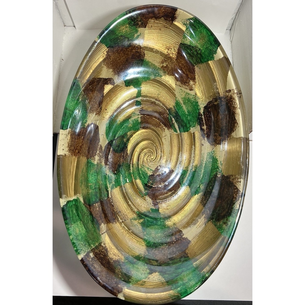 Vintage Quadrifoglio Italy Gold Green Brown Glazed Art Glass Oval Bowl